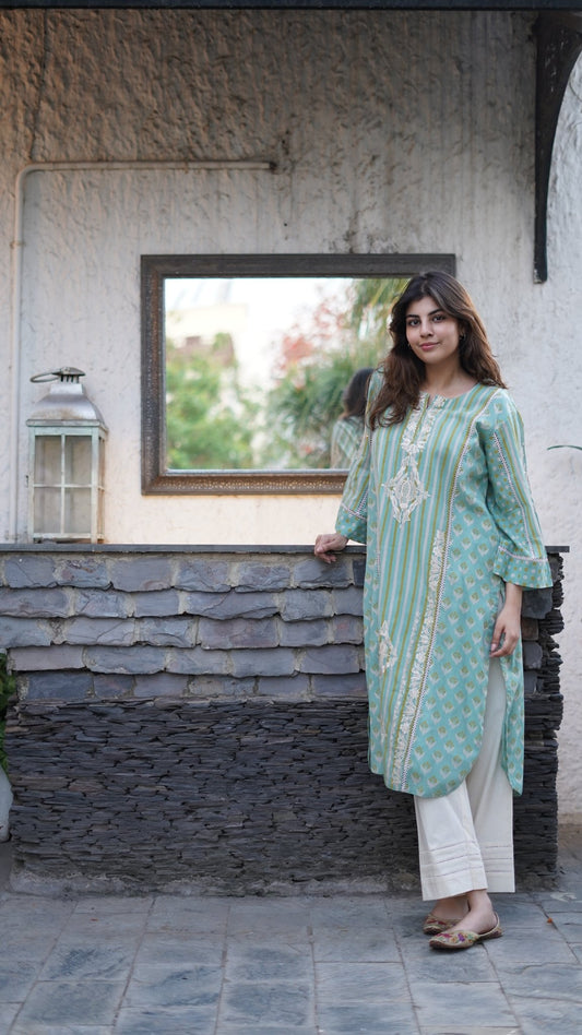 Aqua blue cotton tunic & pants - Anuradha Grewal