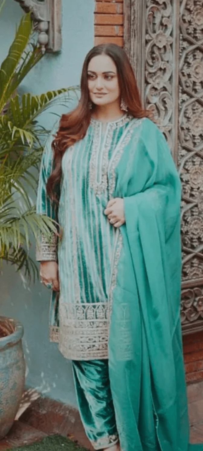 Dark Green Striped Velvet Kurta Set - Anuradha Grewal