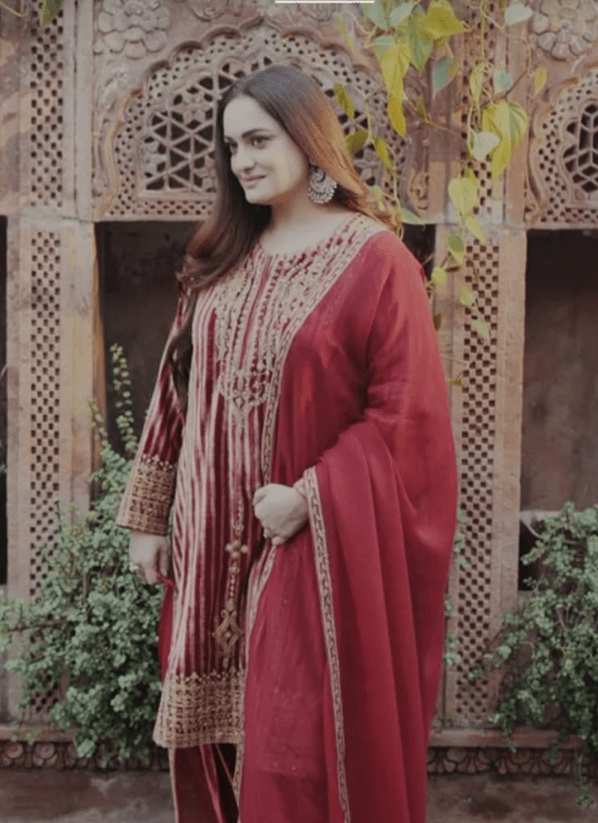 Deep Red Striped Velvet Kurta Set - Anuradha Grewal