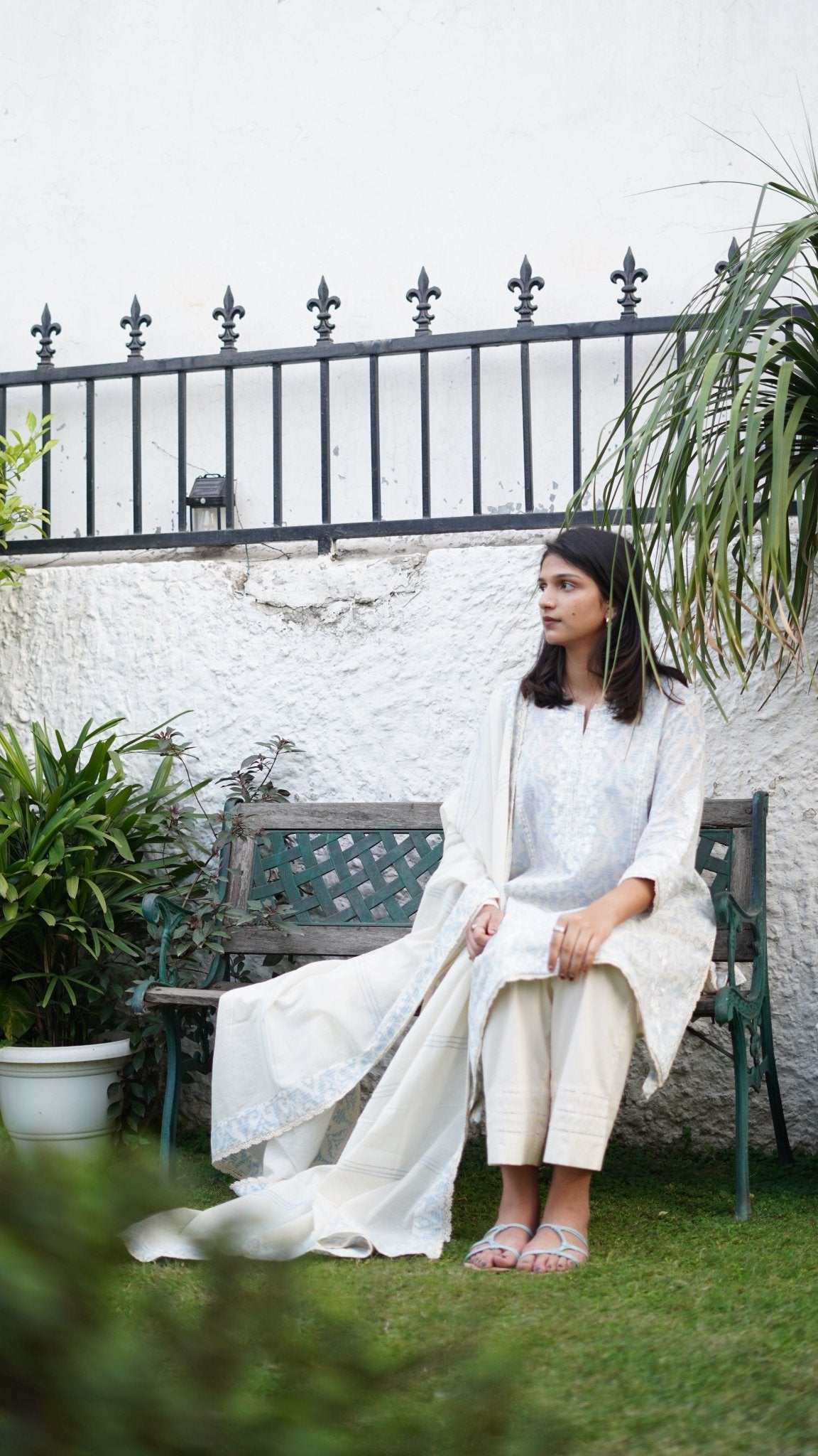 Ivory & aqua printed cotton Kurta Set - Anuradha Grewal