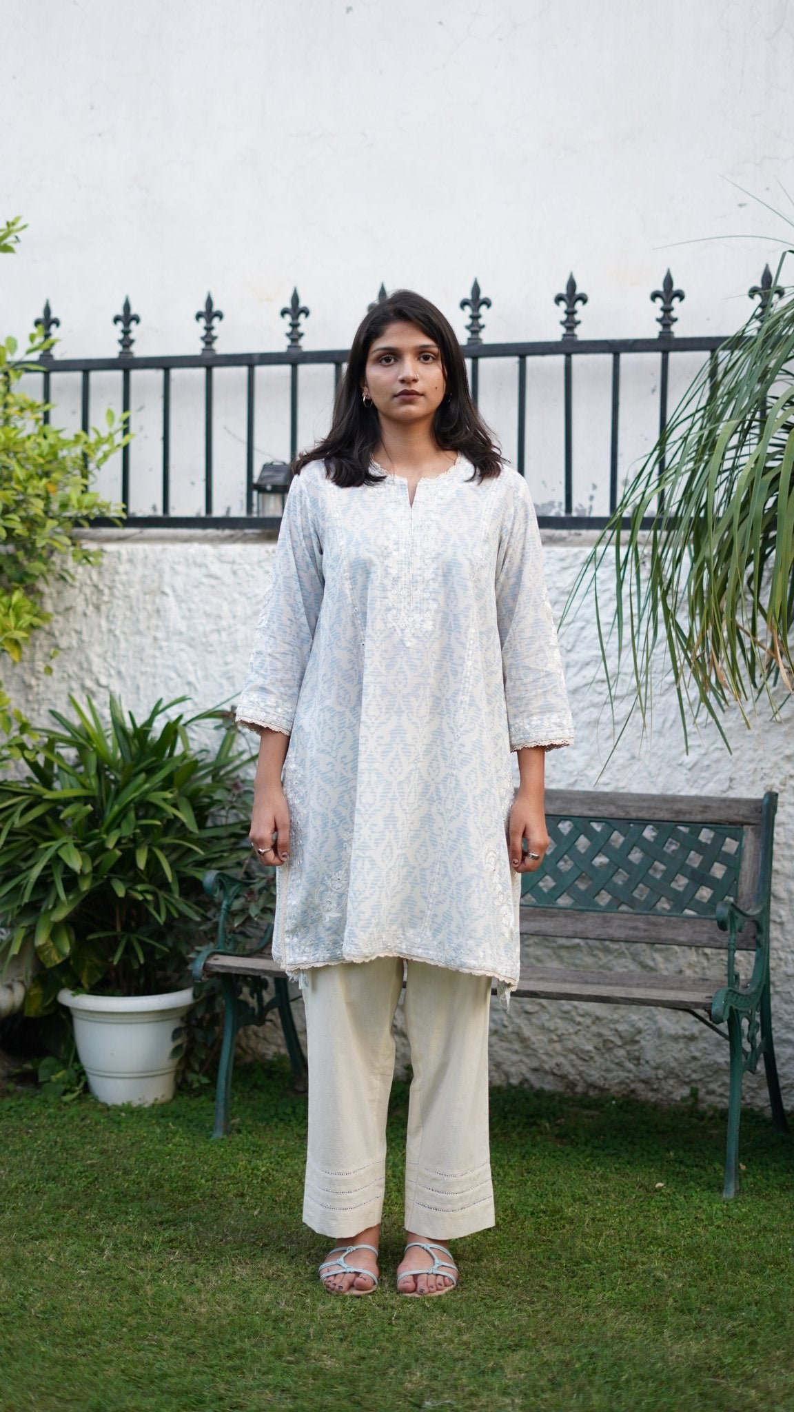 Ivory & aqua printed cotton Kurta Set - Anuradha Grewal