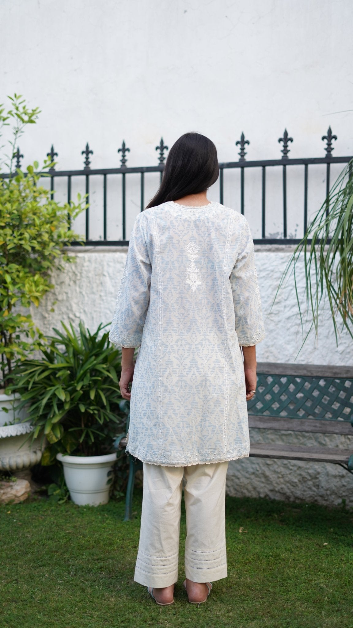Ivory & aqua printed cotton Kurta Set - Anuradha Grewal