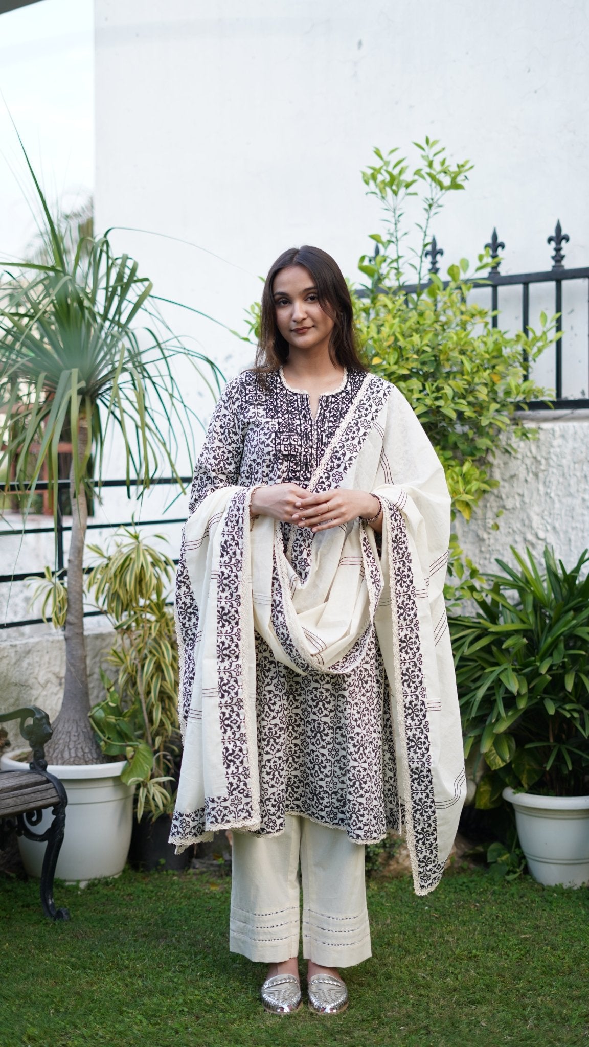 Ivory & black printed cotton Kurta Set - Anuradha Grewal