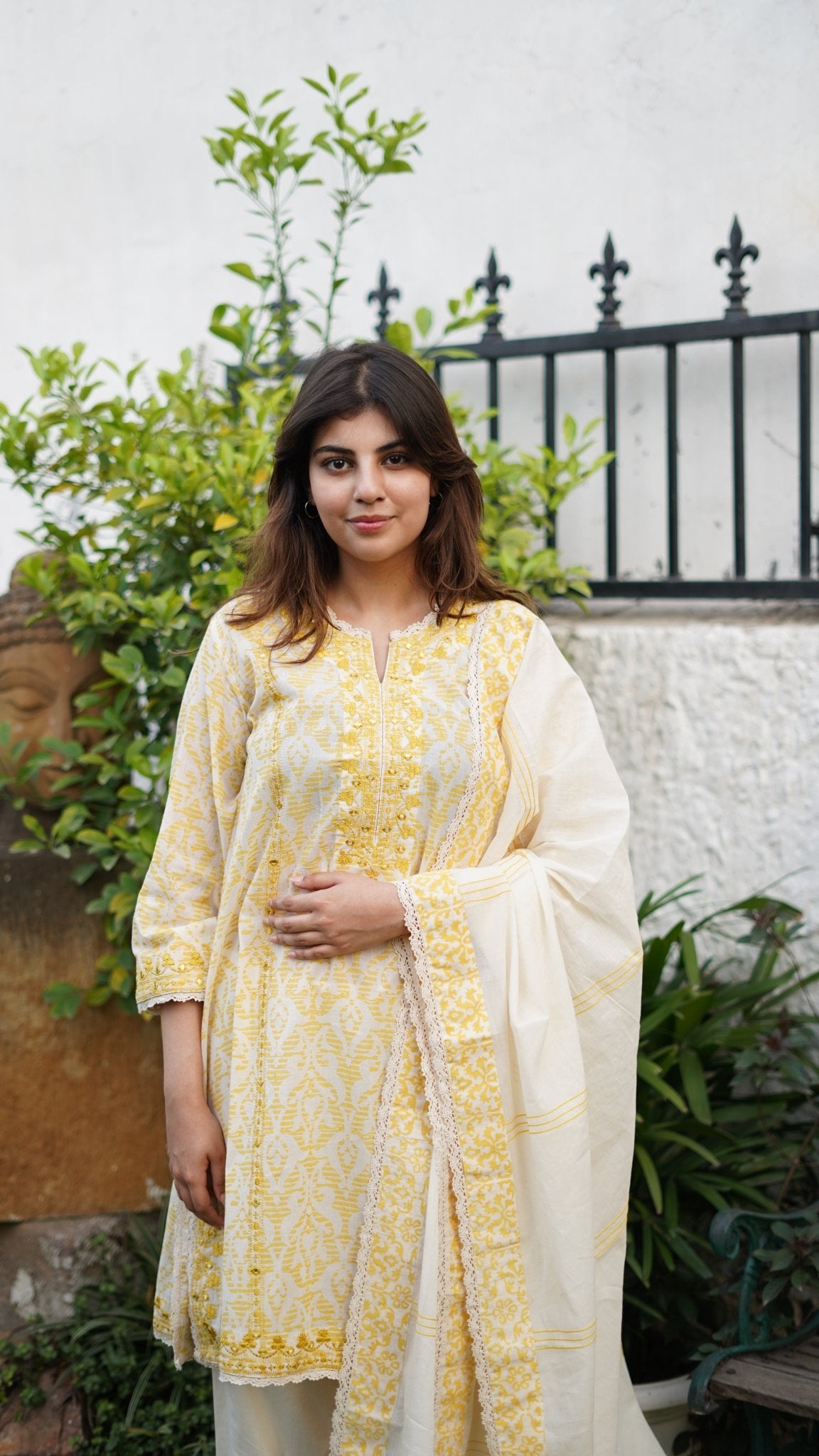 Ivory & Yellow printed cotton Kurta Set - Anuradha Grewal
