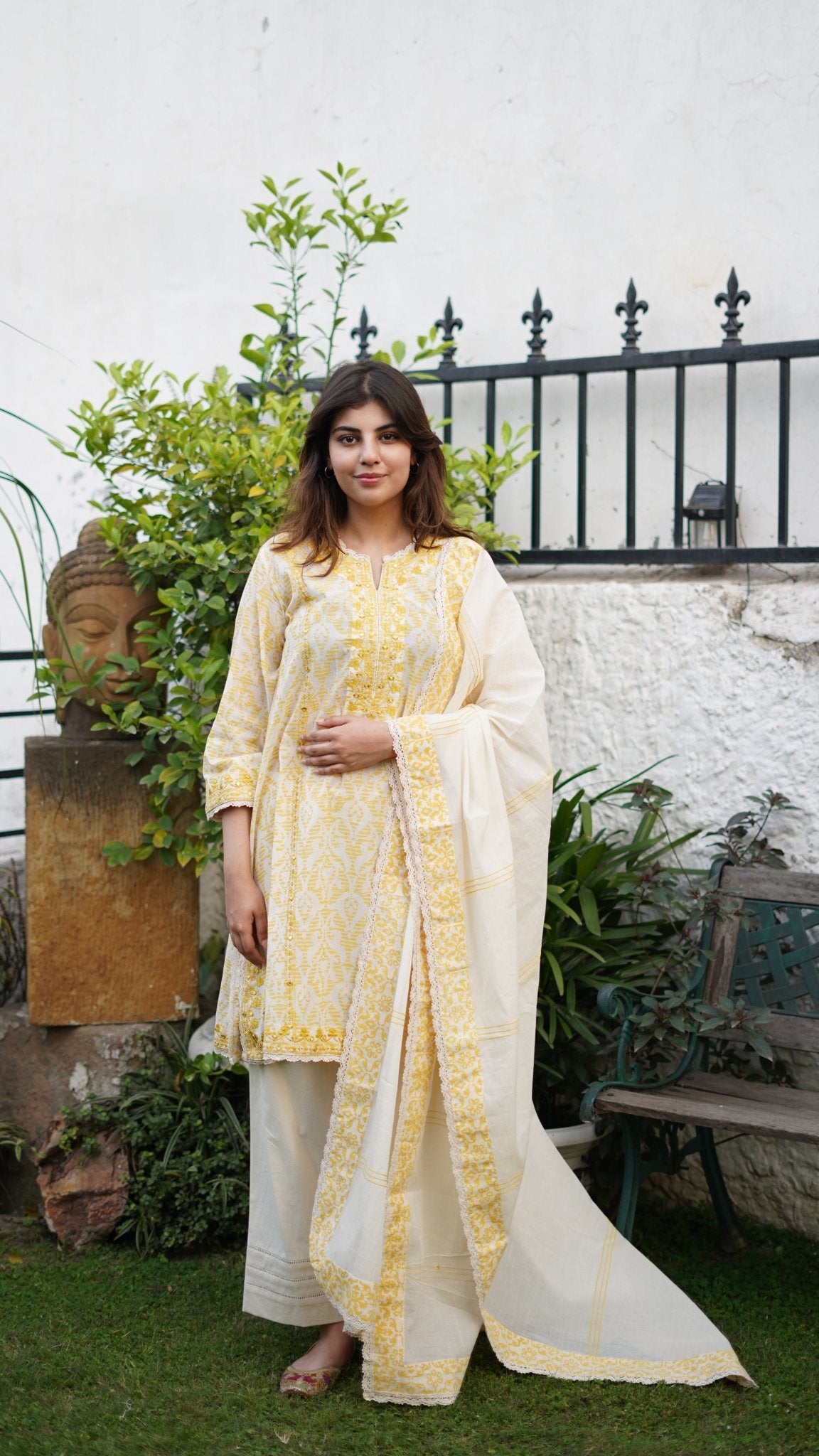 Ivory & Yellow printed cotton Kurta Set - Anuradha Grewal