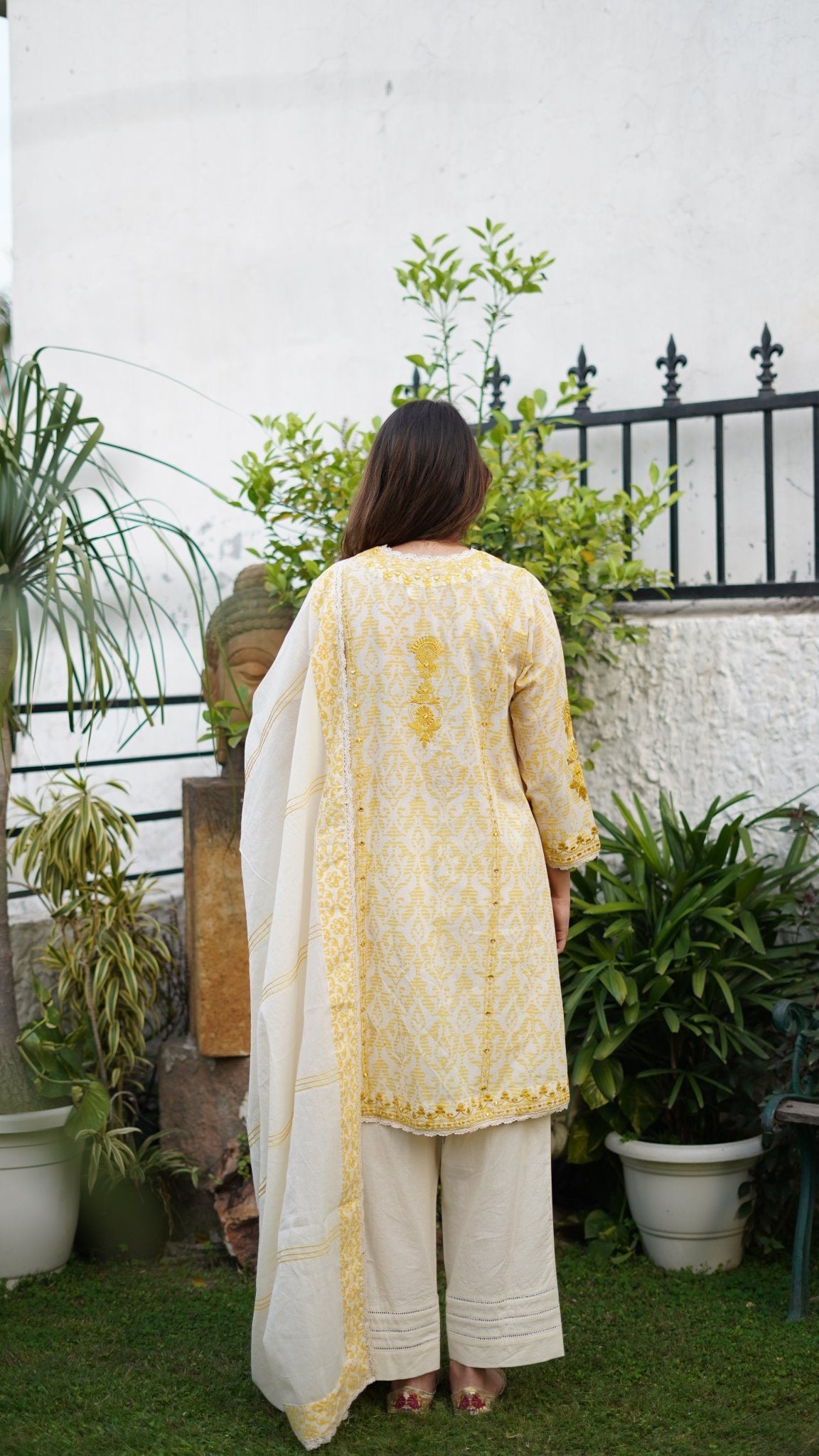 Ivory & Yellow printed cotton Kurta Set - Anuradha Grewal
