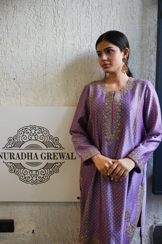 Mauve Polka Dot Kurta Set - Anuradha Grewal
