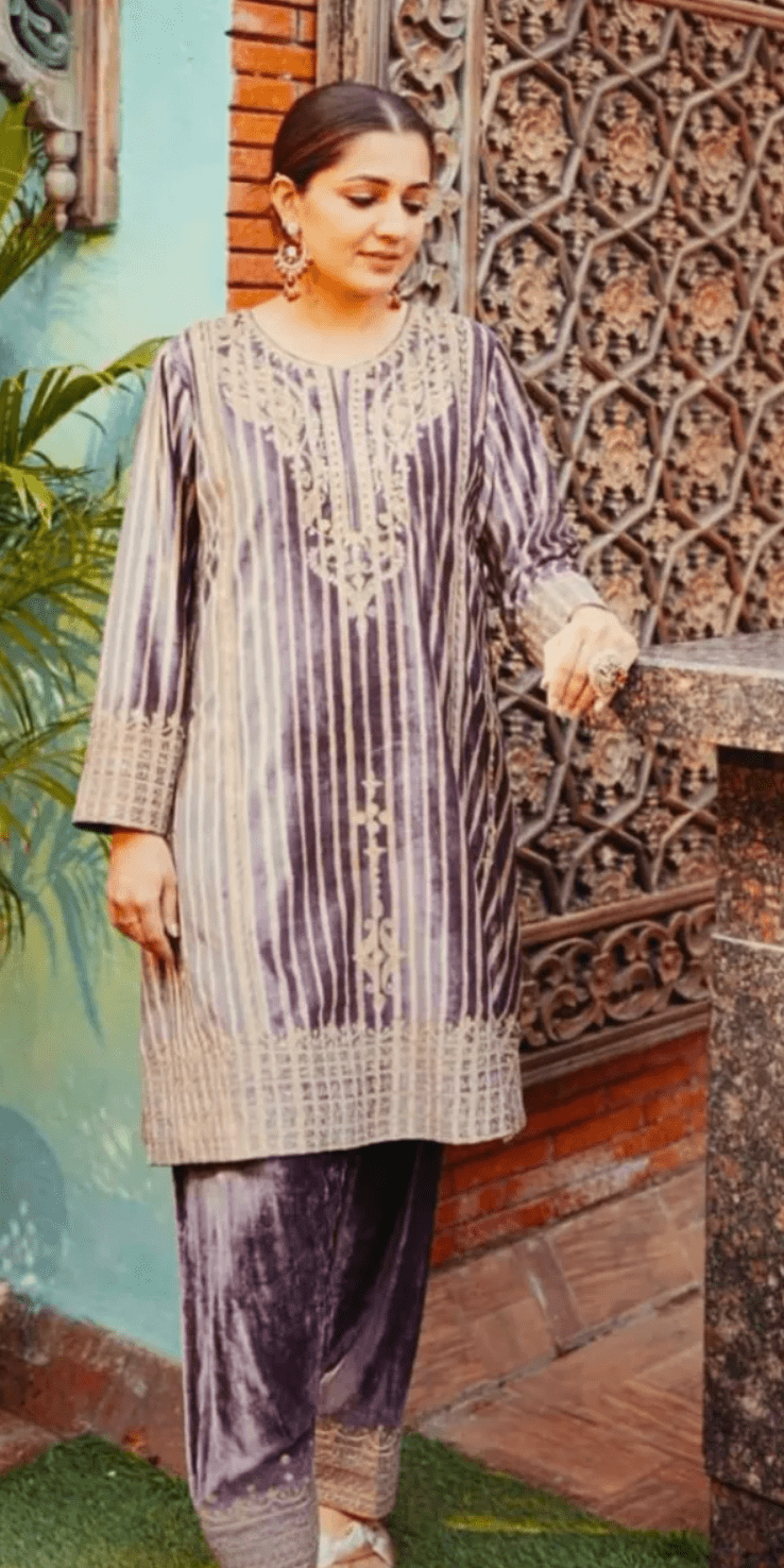 Mauve Striped Velvet Kurta Set - Anuradha Grewal