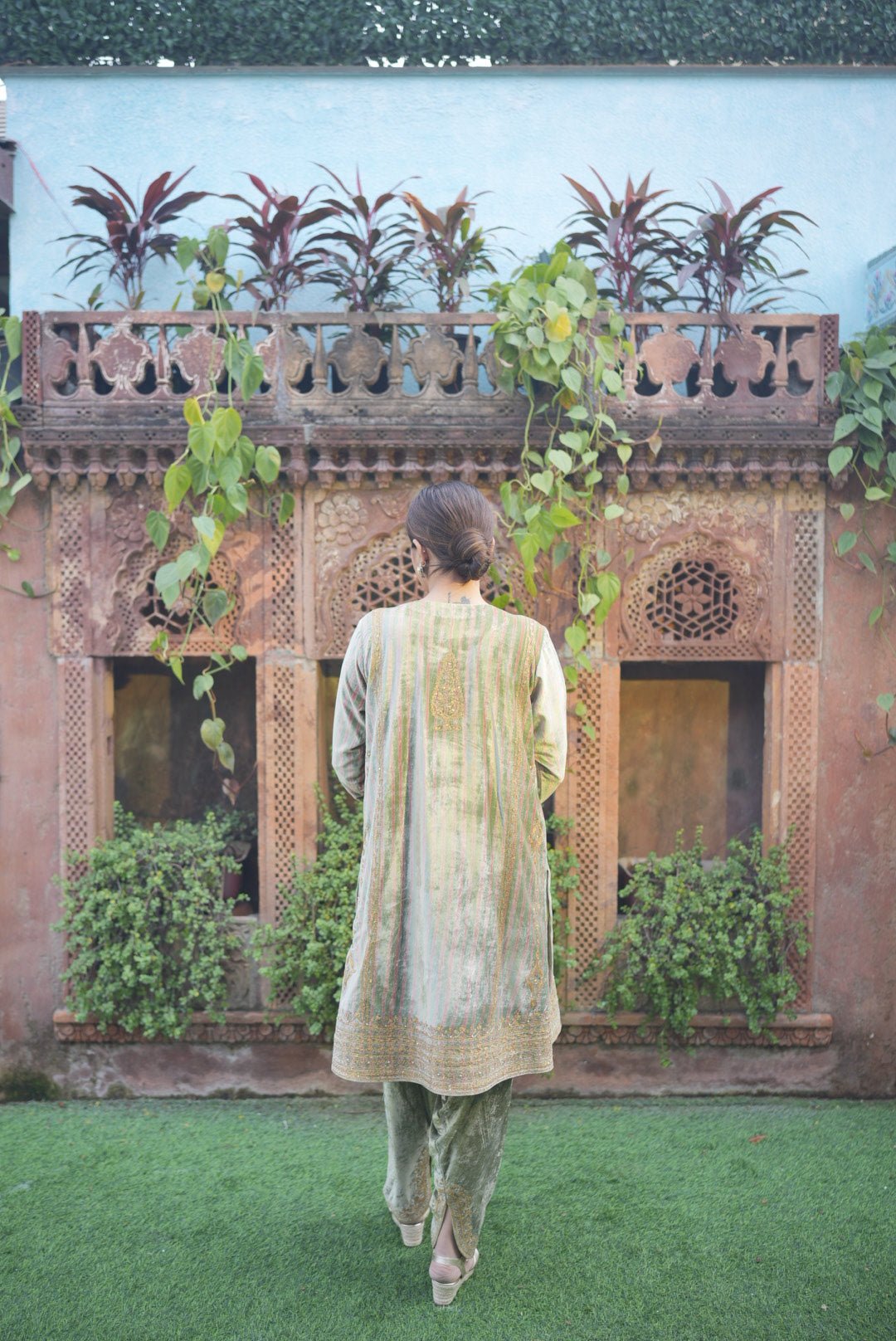 Olive Green Striped Velvet Kurta Set - Anuradha Grewal